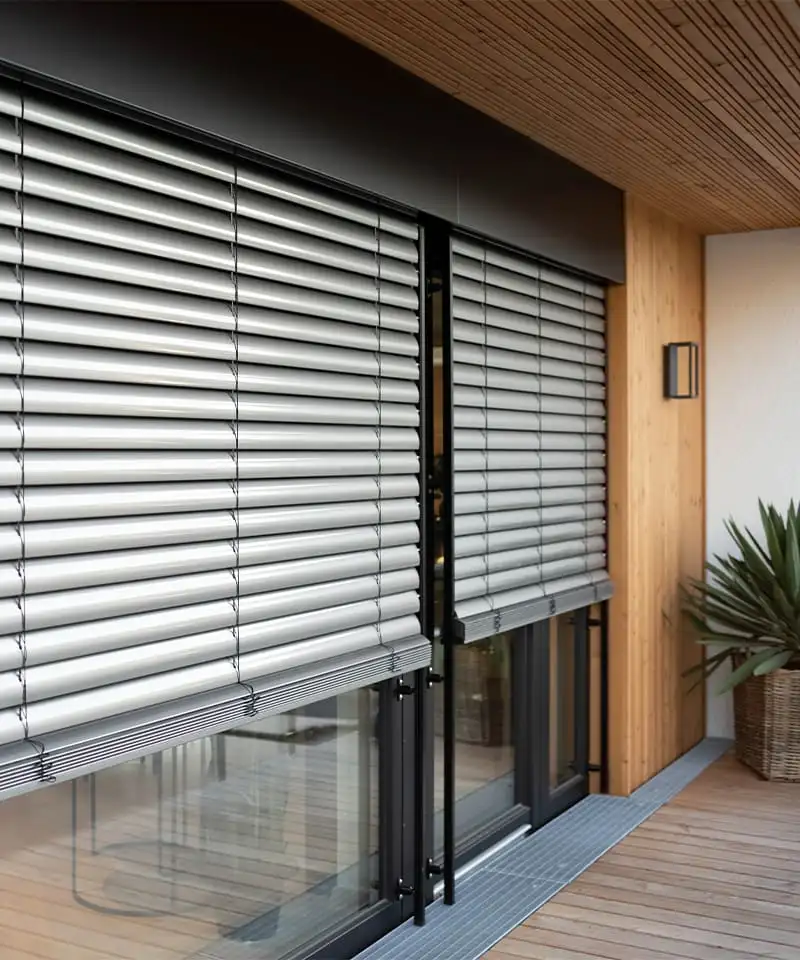 Brise-soleil orientables baissés devant une baie vitrée, lames à demi inclinées